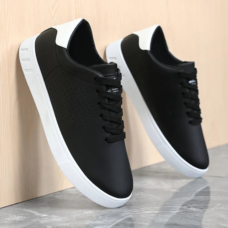 Men's Classic White Leather Casual Sneakers – Breathable Lace-Up Lightweight Walking Shoes