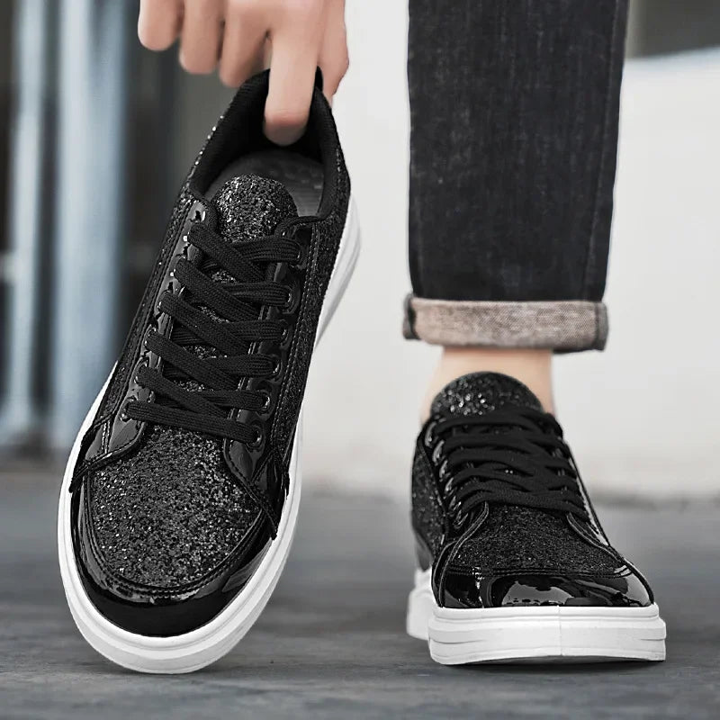 Men's Gold Platform Casual Sneakers – Lace-Up Glitter Fashion Shoes with Vulcanized Sole