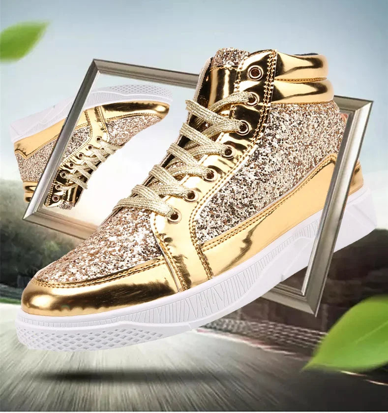 Men's Gold High-Top Casual Sneakers – Shiny Mirror Finish Lace-Up Fashion Streetwear Shoes