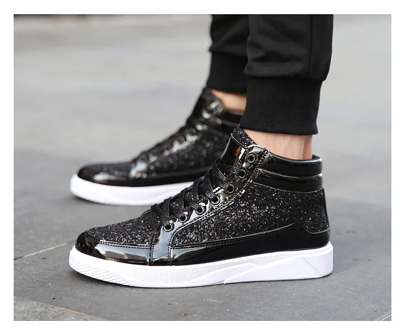 Men's Gold High-Top Casual Sneakers – Shiny Mirror Finish Lace-Up Fashion Streetwear Shoes