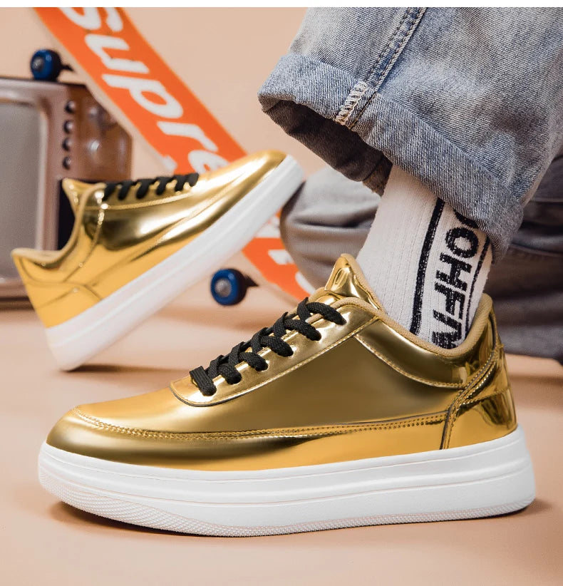 Men's Shiny Gold Patent Leather Skate Sneakers – Lace-Up Low-Top Casual Board Shoes, Sizes 39–47