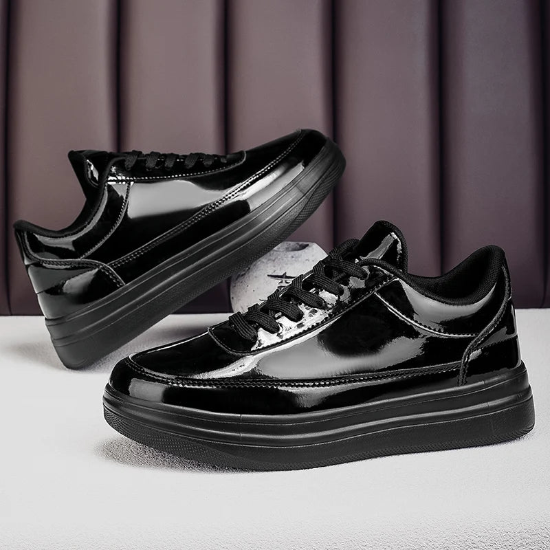 Men's Shiny Gold Patent Leather Skate Sneakers – Lace-Up Low-Top Casual Board Shoes, Sizes 39–47
