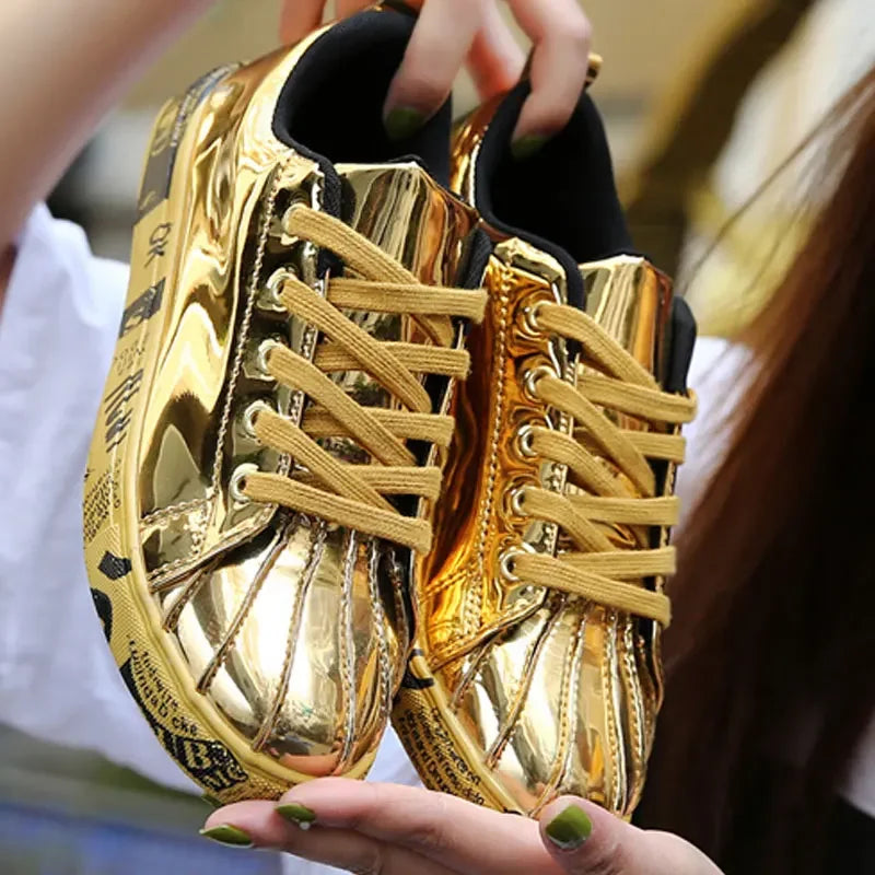Men's Gold Glitter Casual Skate Sneakers – Flat Sole Lace-Up Streetwear Fashion Shoes