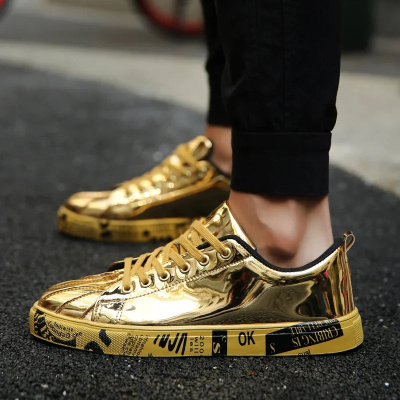 Men's Gold Glitter Casual Skate Sneakers – Flat Sole Lace-Up Streetwear Fashion Shoes