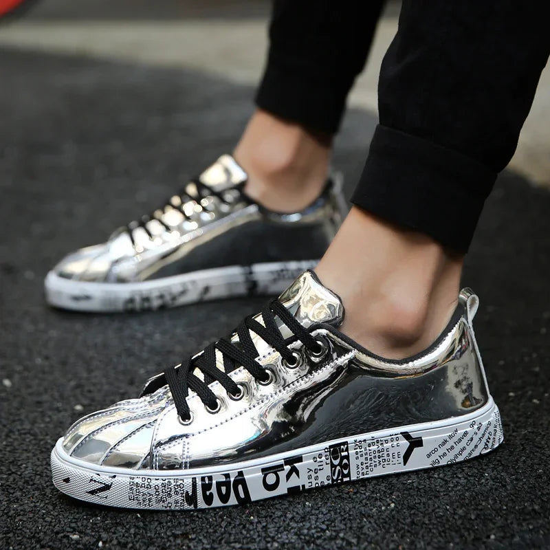 Men's Gold Glitter Casual Skate Sneakers – Flat Sole Lace-Up Streetwear Fashion Shoes