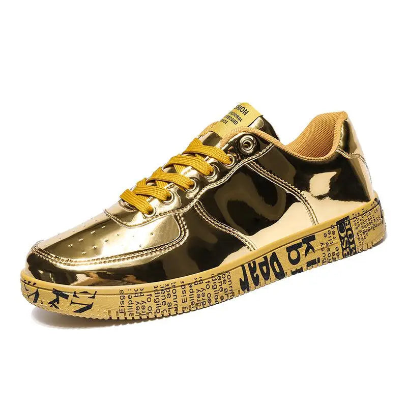 Men's Gold Glitter Casual Sneakers – Flat Sole Lace-Up Streetwear Skate Shoes with Leather Upper