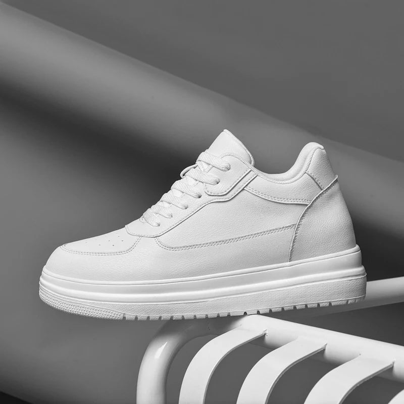 Men's Invisible Height-Increasing Trainers – White Leather Sport Shoes with 6–10 cm Lift (EU 36–46)