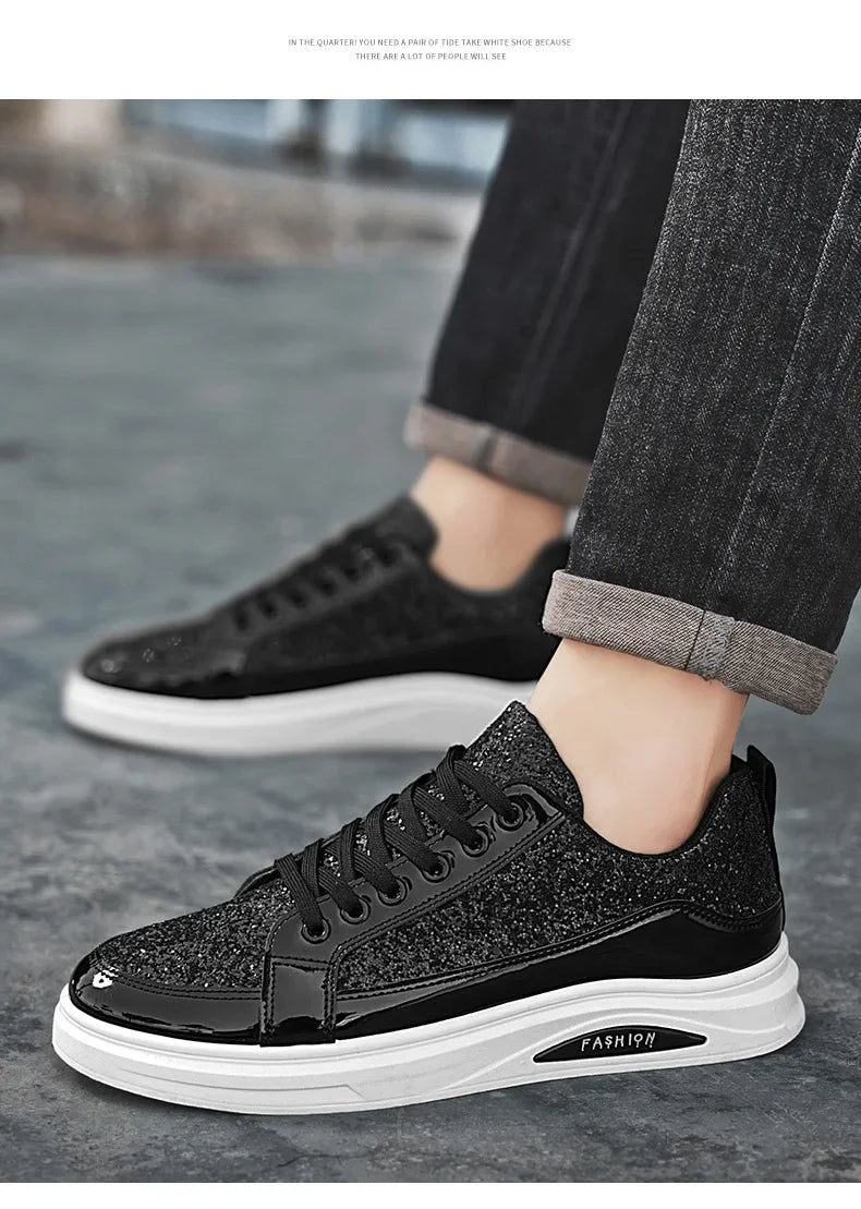 Men's Gold Platform Casual Sneakers – Lace-Up Glitter Fashion Shoes with Vulcanized Sole