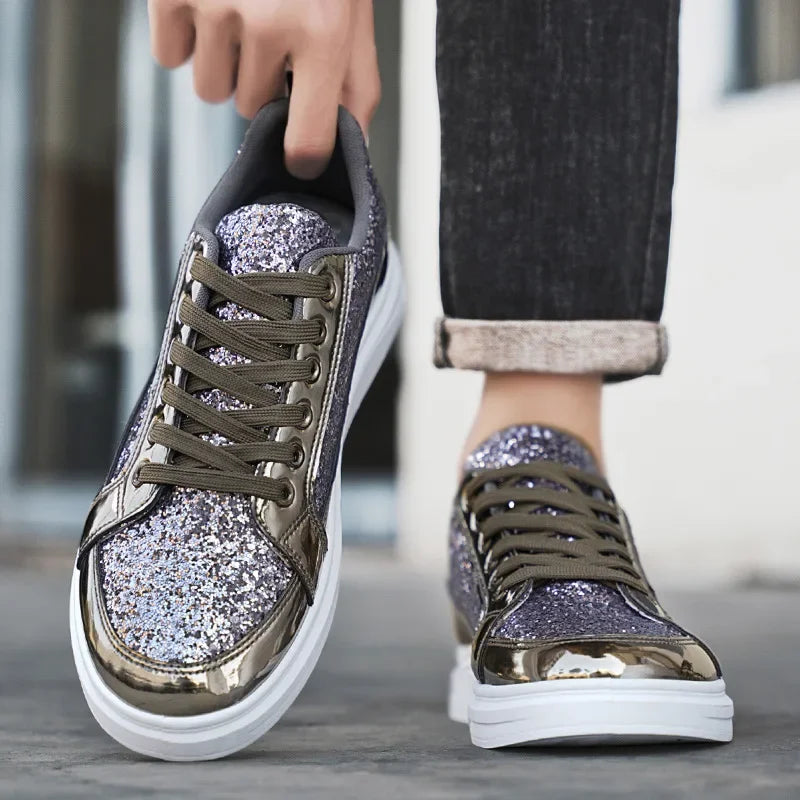 Men's Gold Platform Casual Sneakers – Lace-Up Glitter Fashion Shoes with Vulcanized Sole