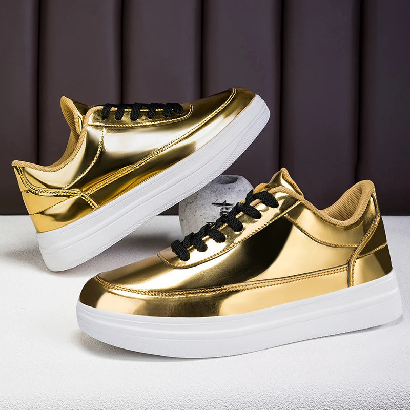 Men's Shiny Gold Patent Leather Skate Sneakers – Lace-Up Low-Top Casual Board Shoes, Sizes 39–47