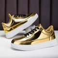 Men's Shiny Gold Patent Leather Skate Sneakers – Lace-Up Low-Top Casual Board Shoes, Sizes 39–47
