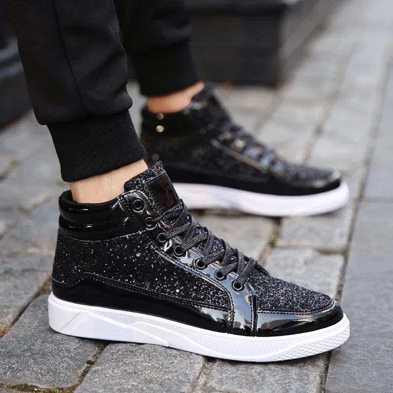 Men's Gold High-Top Casual Sneakers – Shiny Mirror Finish Lace-Up Fashion Streetwear Shoes