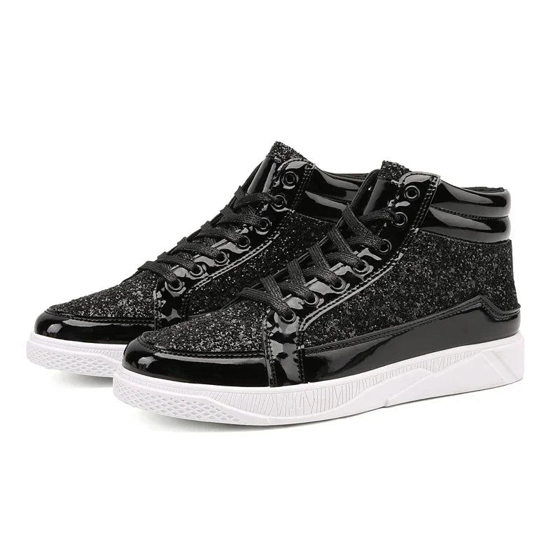 Men's Gold High-Top Casual Sneakers – Shiny Mirror Finish Lace-Up Fashion Streetwear Shoes