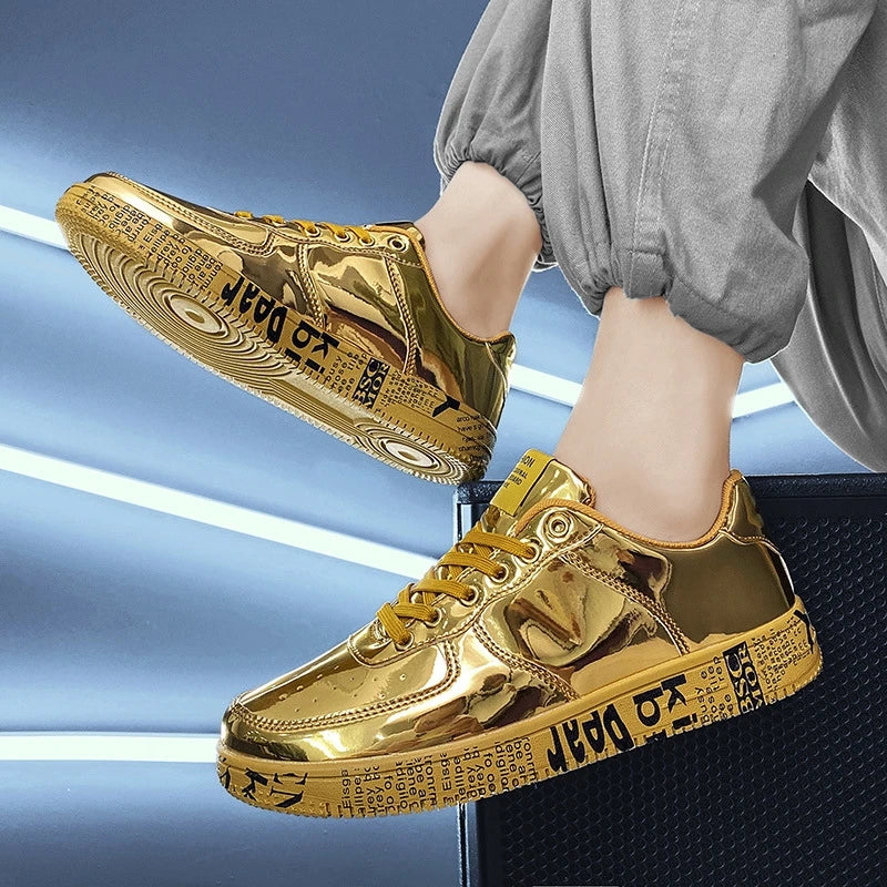 Men's Gold Glitter Casual Sneakers – Flat Sole Lace-Up Streetwear Skate Shoes with Leather Upper