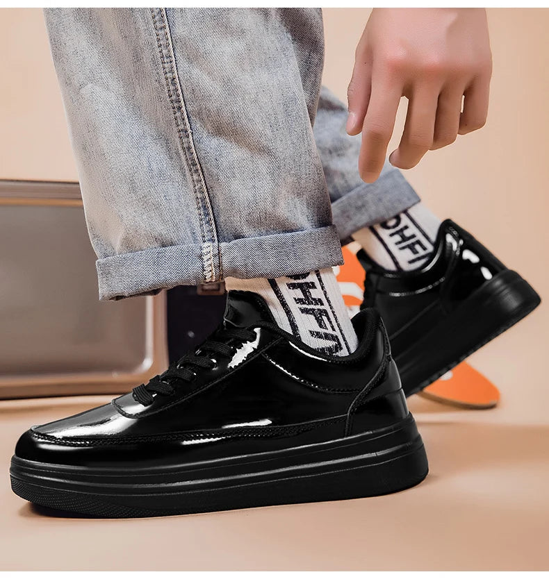 Men's Shiny Gold Patent Leather Skate Sneakers – Lace-Up Low-Top Casual Board Shoes, Sizes 39–47