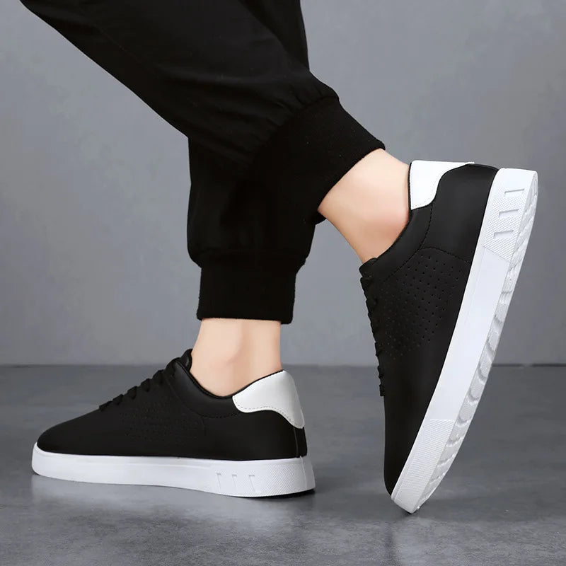 Men's Classic White Leather Casual Sneakers – Breathable Lace-Up Lightweight Walking Shoes