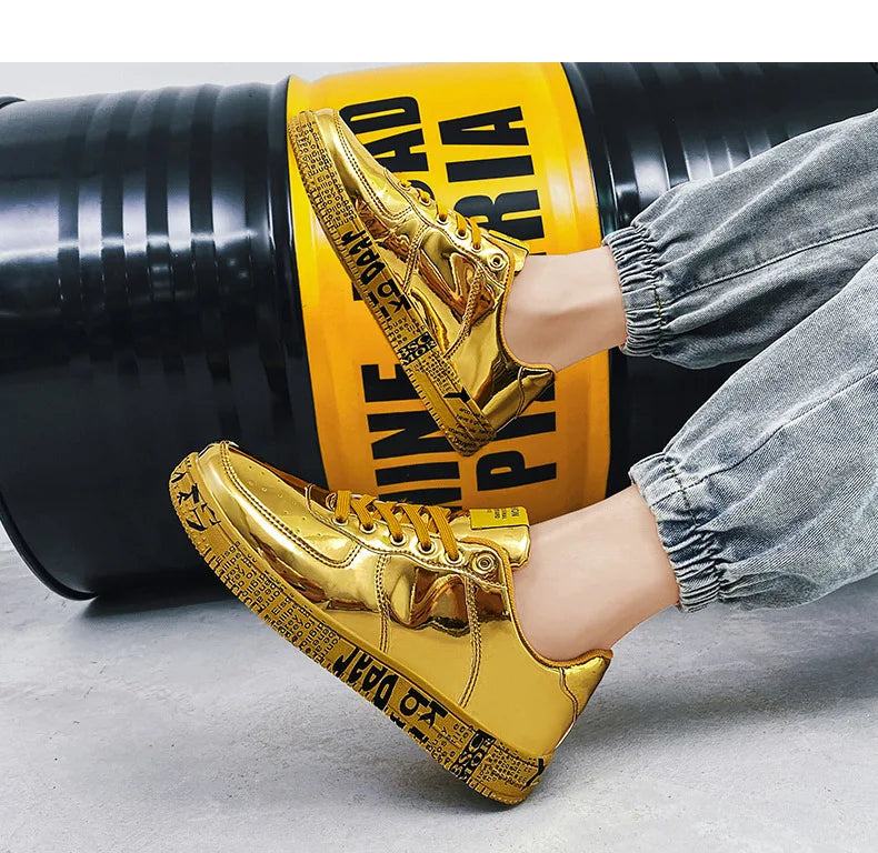 Men's Gold Glitter Casual Sneakers – Flat Sole Lace-Up Streetwear Skate Shoes with Leather Upper