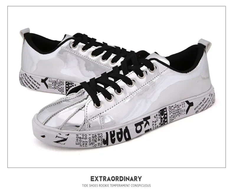 Men's Gold Glitter Casual Skate Sneakers – Flat Sole Lace-Up Streetwear Fashion Shoes