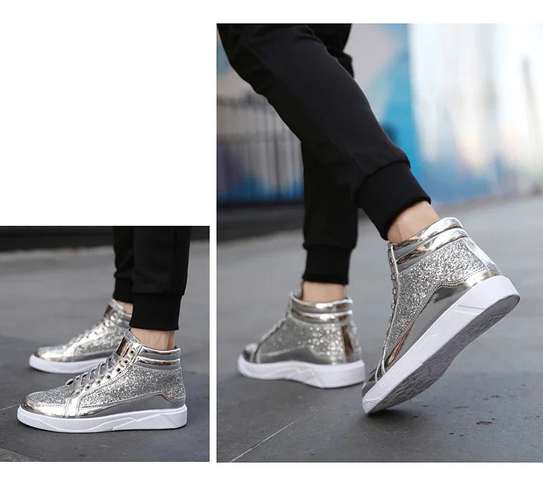 Men's Gold High-Top Casual Sneakers – Shiny Mirror Finish Lace-Up Fashion Streetwear Shoes