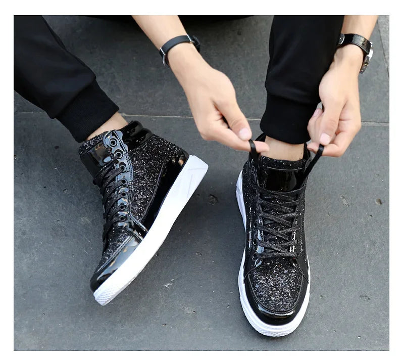 Men's Gold High-Top Casual Sneakers – Shiny Mirror Finish Lace-Up Fashion Streetwear Shoes