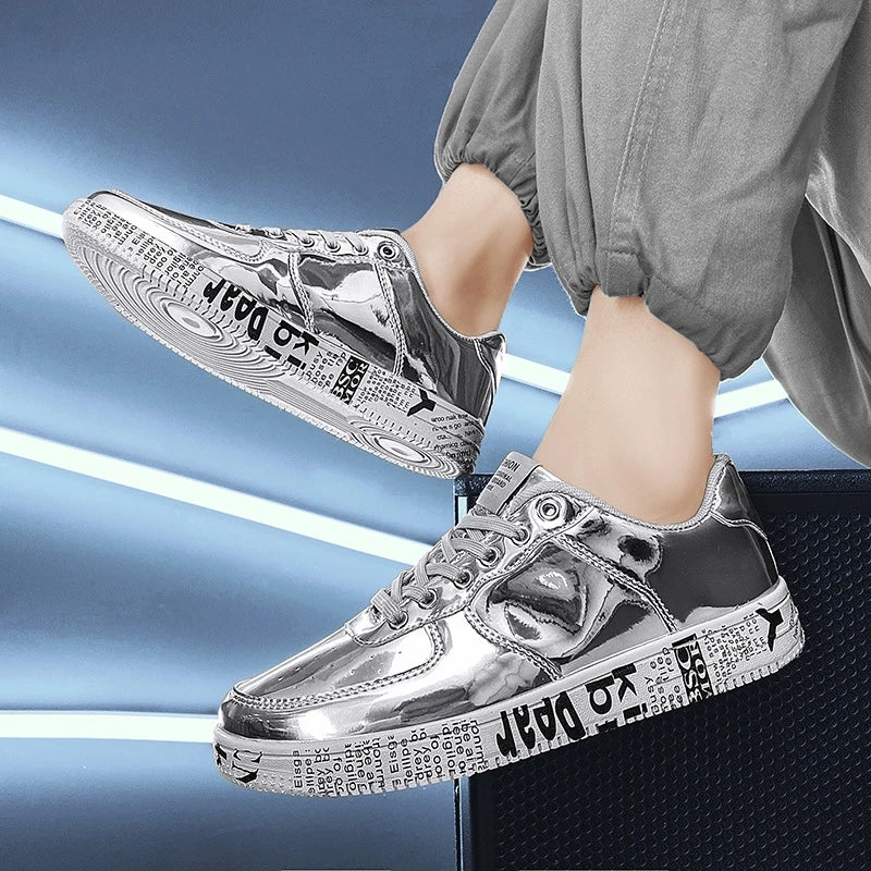 Men's Gold Glitter Casual Sneakers – Flat Sole Lace-Up Streetwear Skate Shoes with Leather Upper