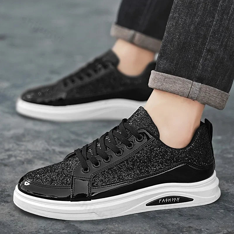 Men's Gold Platform Casual Sneakers – Lace-Up Glitter Fashion Shoes with Vulcanized Sole