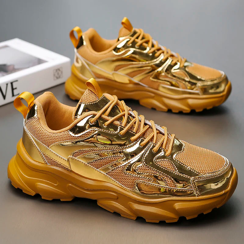 Men's Breathable Casual Sports Sneakers – Comfortable Fashion Platform Running Shoes, Gold, Size 46
