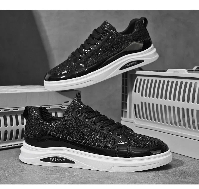 Men's Gold Platform Casual Sneakers – Lace-Up Glitter Fashion Shoes with Vulcanized Sole
