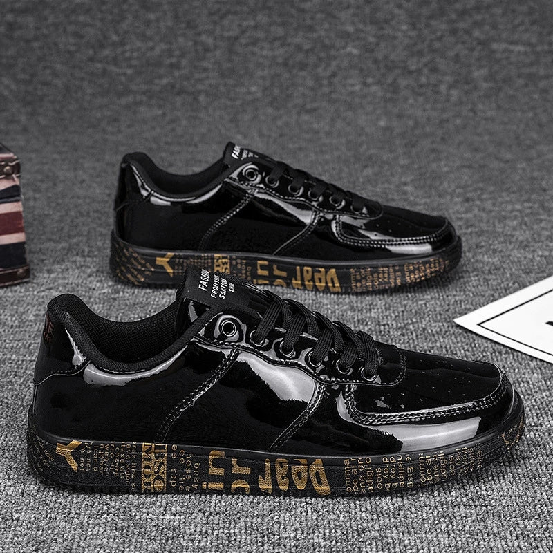 Men's Gold Glitter Casual Sneakers – Flat Sole Lace-Up Streetwear Skate Shoes with Leather Upper