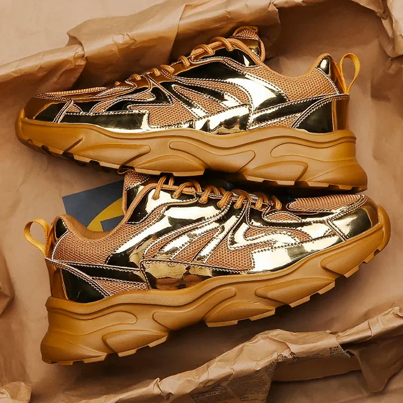 Men's Breathable Casual Sports Sneakers – Comfortable Fashion Platform Running Shoes, Gold, Size 46