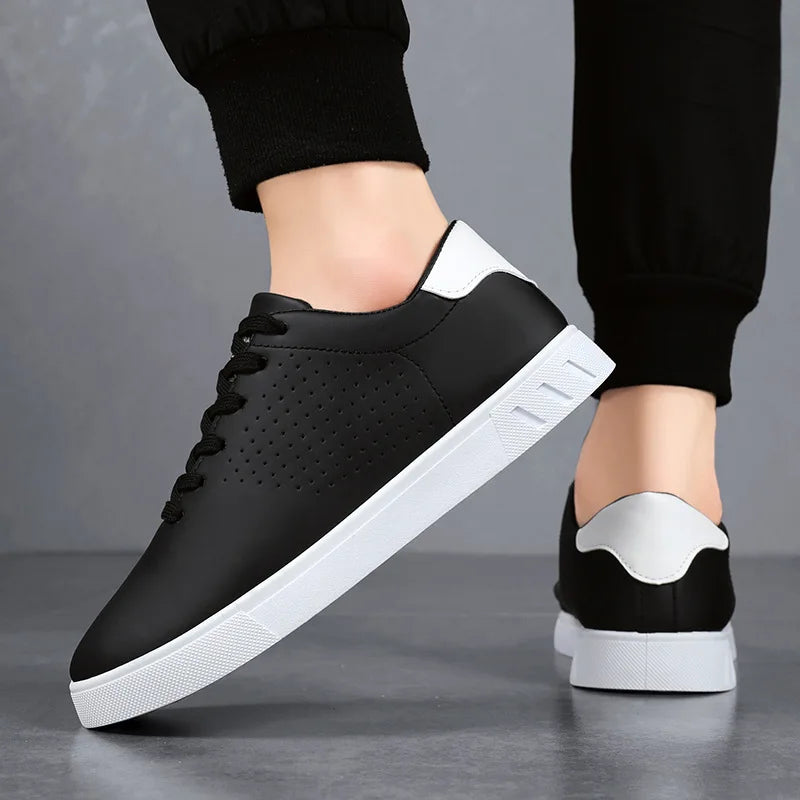 Men's Classic White Leather Casual Sneakers – Breathable Lace-Up Lightweight Walking Shoes